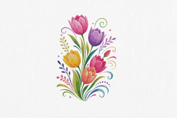 Colorful Tulip Embroidery Art for Boutique Apparel